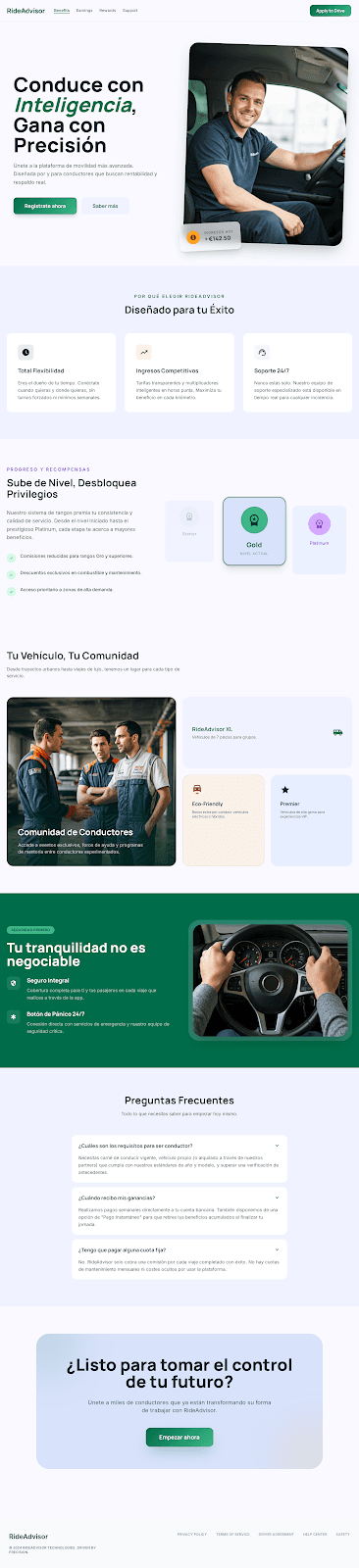 Landing de conductor profesional RideAdvisor